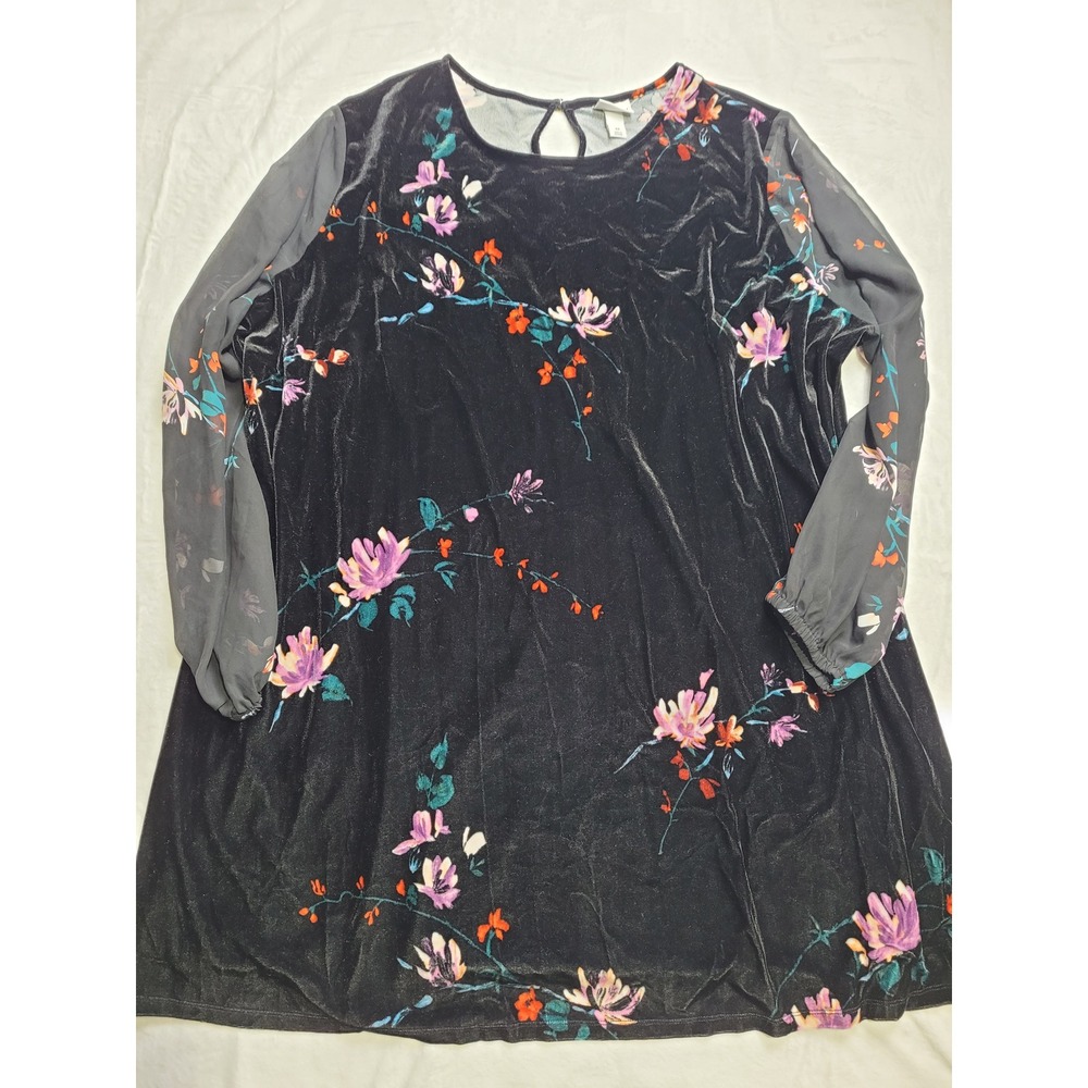 Ava & Viv Tunic Top Women 4X Black Floral Velvet Sheer Sleeve Boho